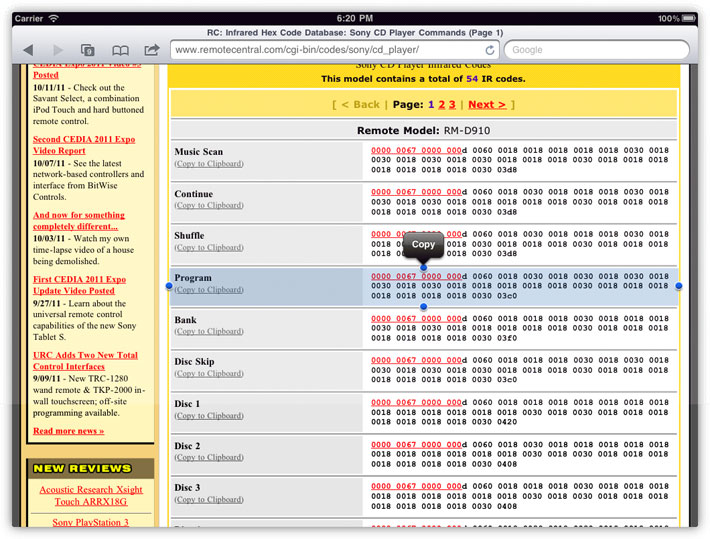 copy hex code into urc remote